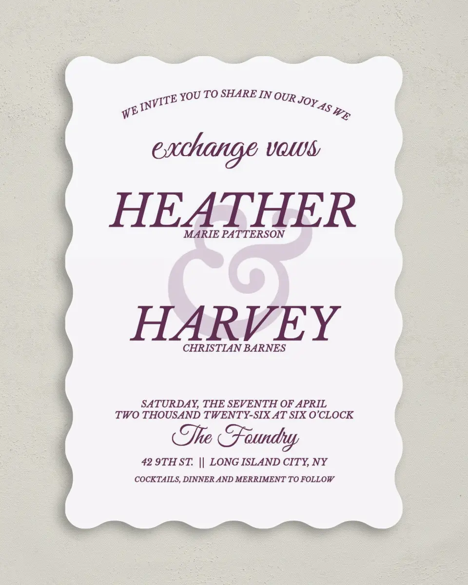 This is a 5" x 7" Wavy Wedding Invitation called Forever Exquisite printed in full color on Premium Smooth paper