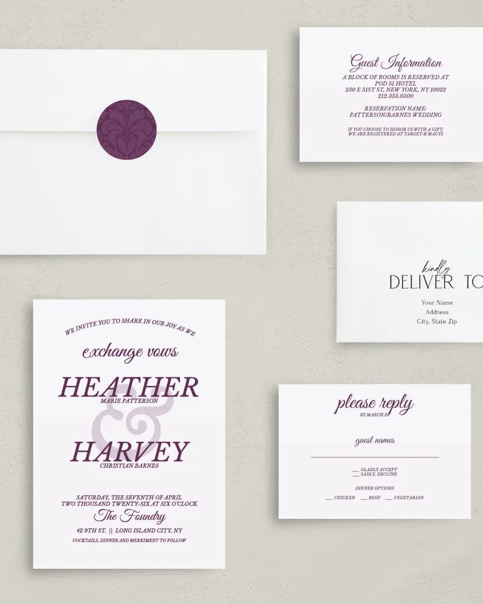 This is a 5" x 7" Classic Wedding Invitation called Forever Exquisite printed in full color with Gold foil on Luxe Satin (coated) paper