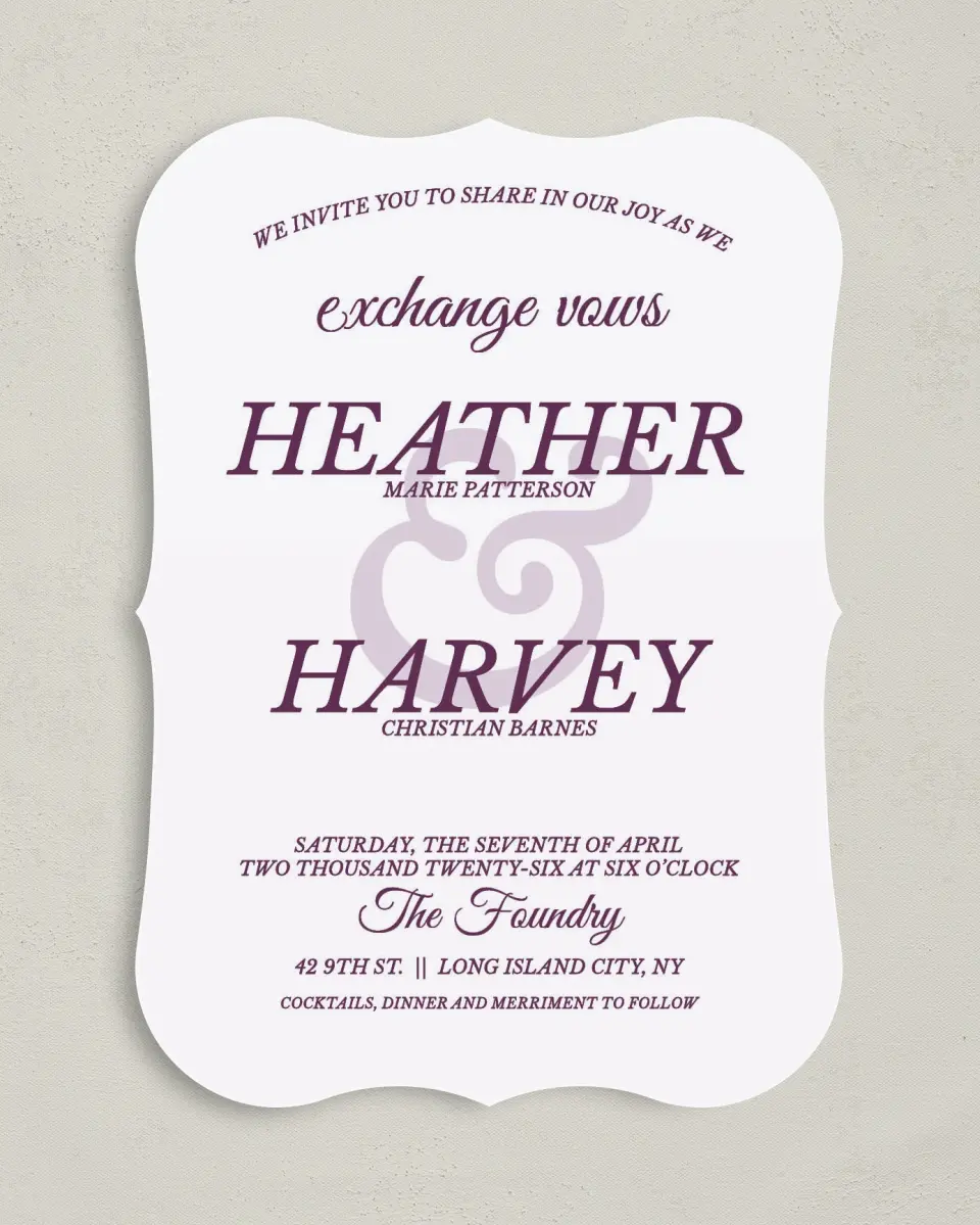 This is a 5" x 7" Bracket Wedding Invitation called Forever Exquisite printed in full color with Silver foil on Luxe Satin (coated) paper