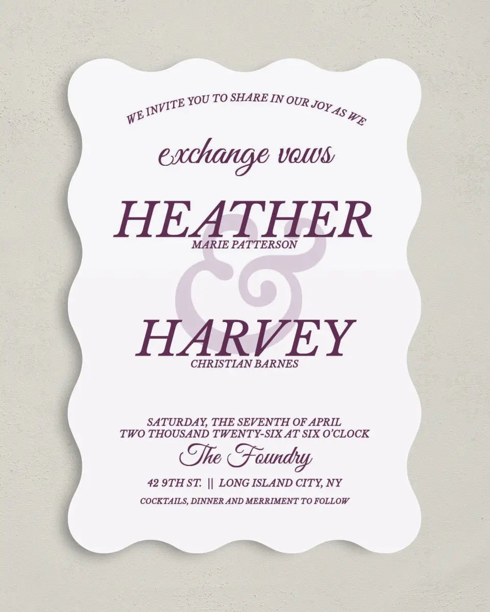 This is a 5" x 7" Wavy Wedding Invitation called Forever Exquisite printed in full color on Premium Smooth paper
