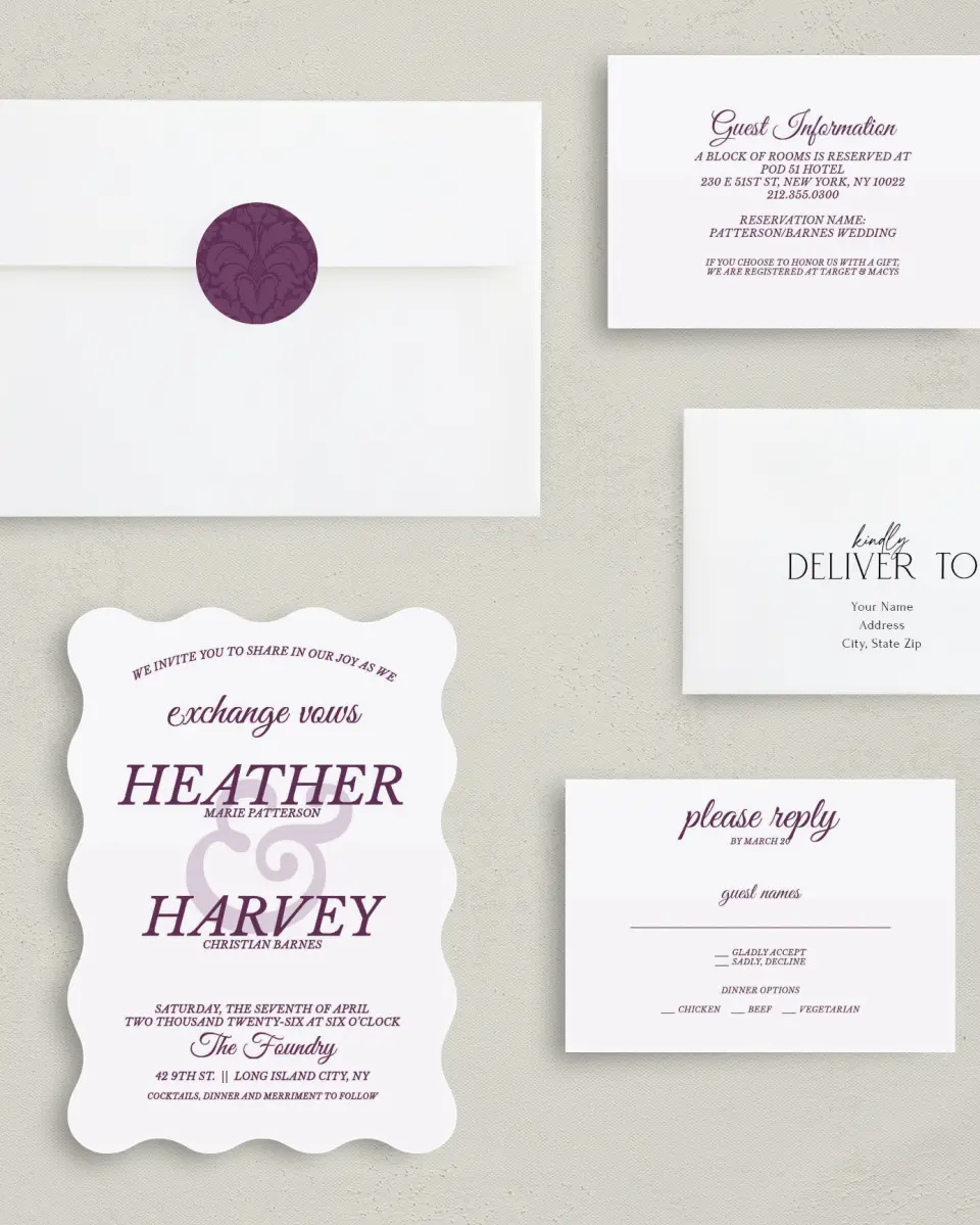 This is a 5" x 7" Wavy Wedding Invitation called Forever Exquisite printed in full color with Gold foil on Luxe Satin (coated) paper