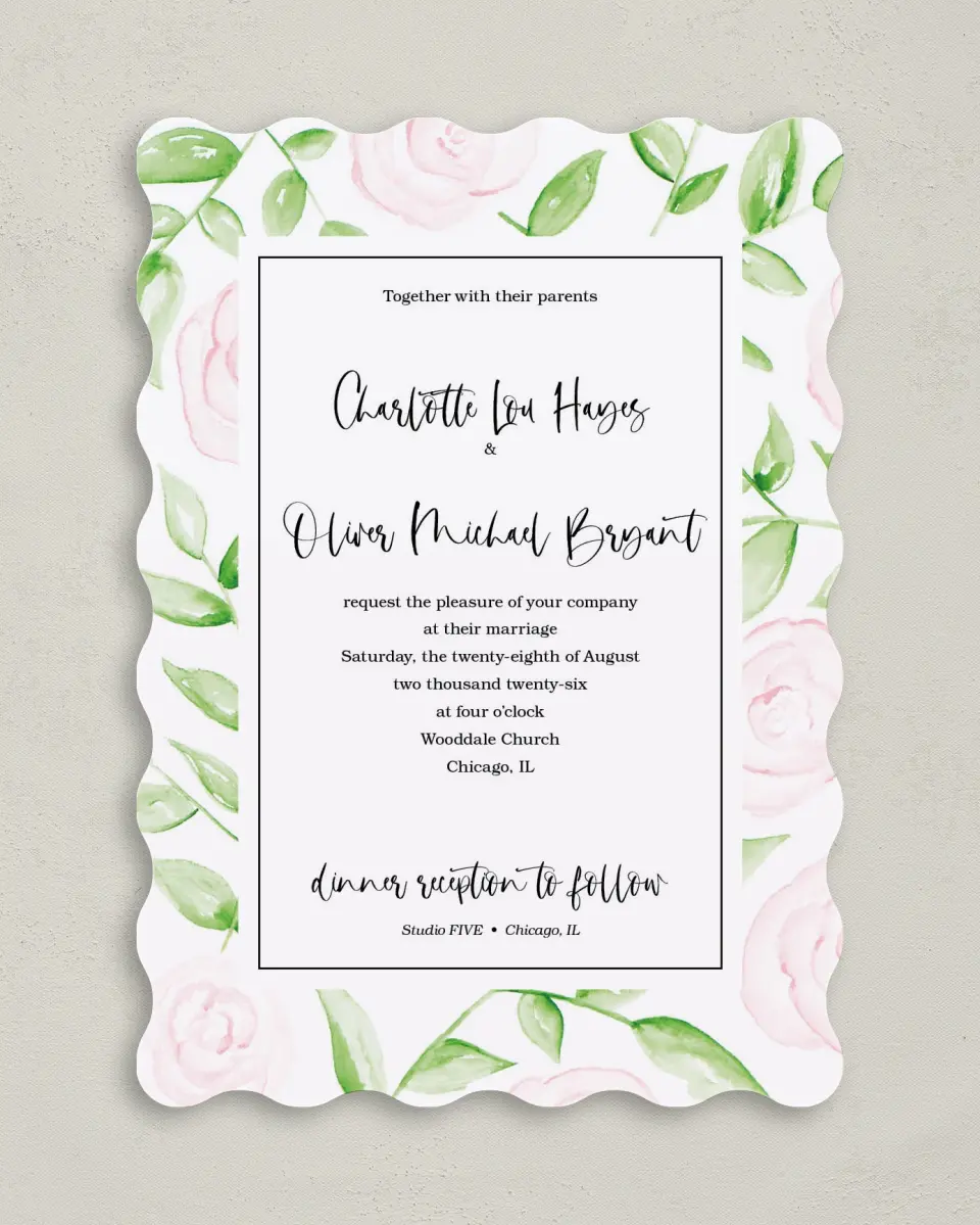 This is a 5" x 7" Wavy Wedding Invitation called Painterly Bouquet printed in full color on Premium Smooth paper