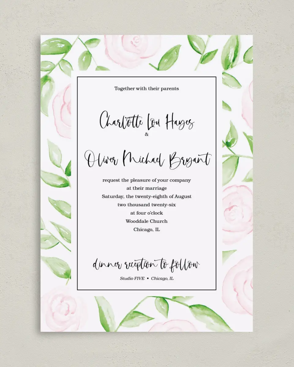 This is a 5" x 7" Classic Wedding Invitation called Painterly Bouquet printed in full color on Premium Smooth paper
