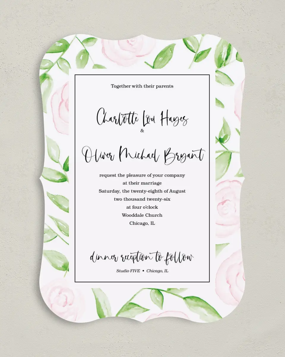 This is a 5" x 7" Bracket Wedding Invitation called Painterly Bouquet printed in full color on Premium Smooth paper