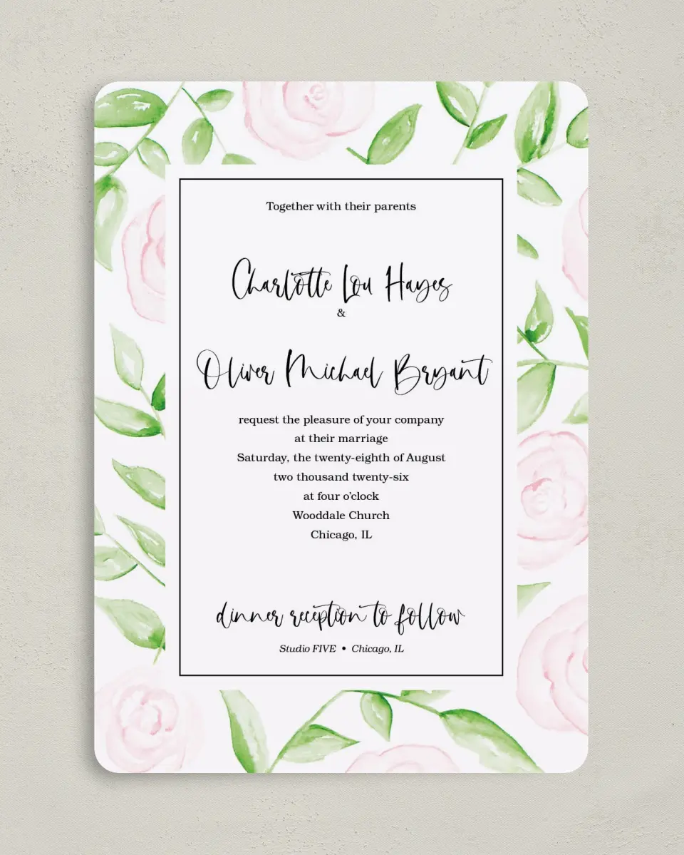 This is a 5" x 7" Rounded Wedding Invitation called Painterly Bouquet printed in full color on Premium Smooth paper