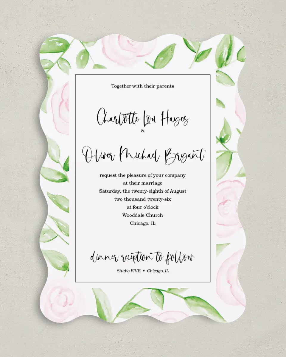 This is a 5" x 7" Wavy Wedding Invitation called Painterly Bouquet printed in full color on Premium Smooth paper