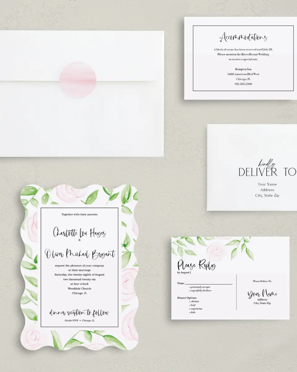 This is a 5" x 7" Wavy Wedding Invitation called Painterly Bouquet printed in full color with Silver foil on Luxe Satin (coated) paper