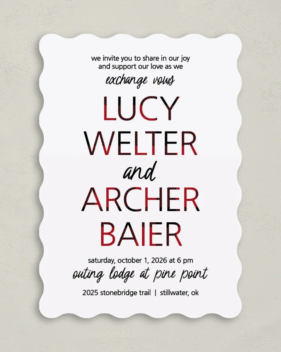 This is a 5" x 7" Wavy Wedding Invitation called Bold Buffalo Plaid printed in full color on Premium Smooth paper