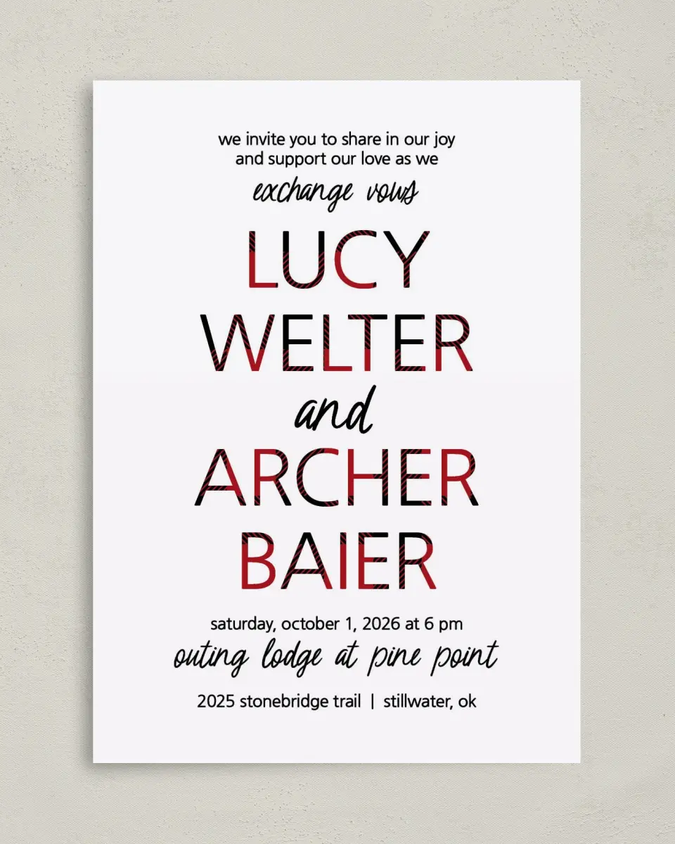 This is a 5" x 7" Classic Wedding Invitation called Bold Buffalo Plaid printed in full color on Premium Smooth paper
