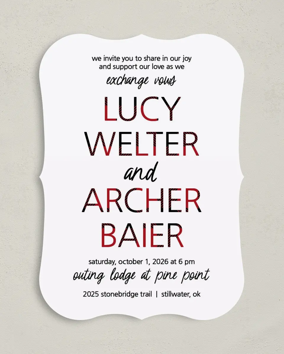 This is a 5" x 7" Bracket Wedding Invitation called Bold Buffalo Plaid printed in full color on Premium Smooth paper
