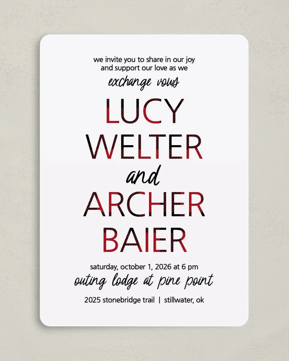 This is a 5" x 7" Rounded Wedding Invitation called Bold Buffalo Plaid printed in full color on Premium Smooth paper
