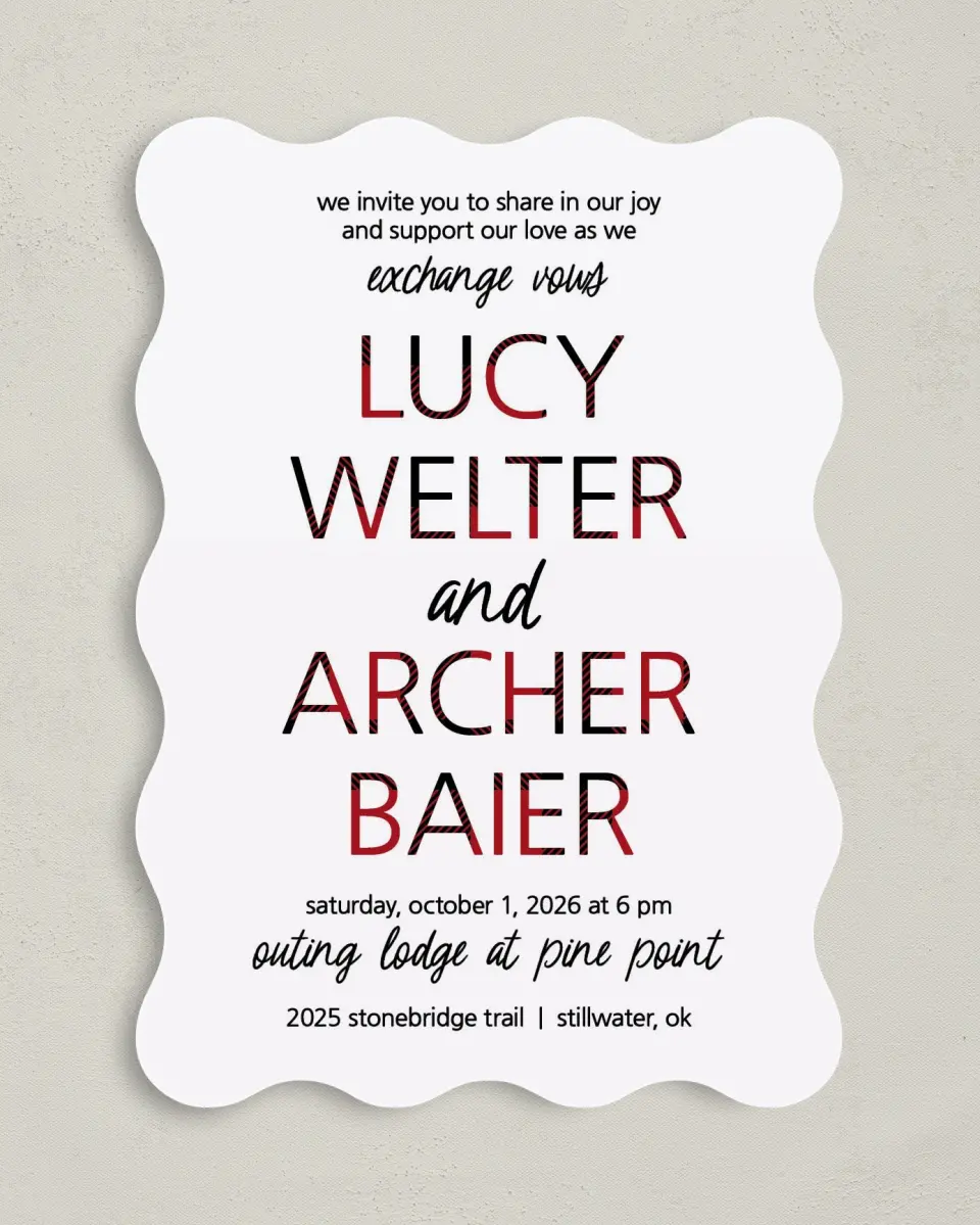 This is a 5" x 7" Wavy Wedding Invitation called Bold Buffalo Plaid printed in full color with Gold foil on Luxe Satin (coated) paper