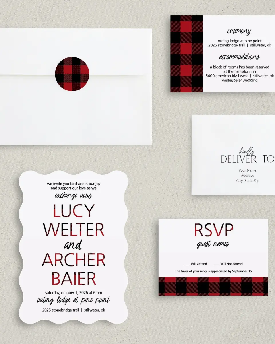 This is a 5" x 7" Wavy Wedding Invitation called Bold Buffalo Plaid printed in full color with Gold foil on Luxe Satin (coated) paper