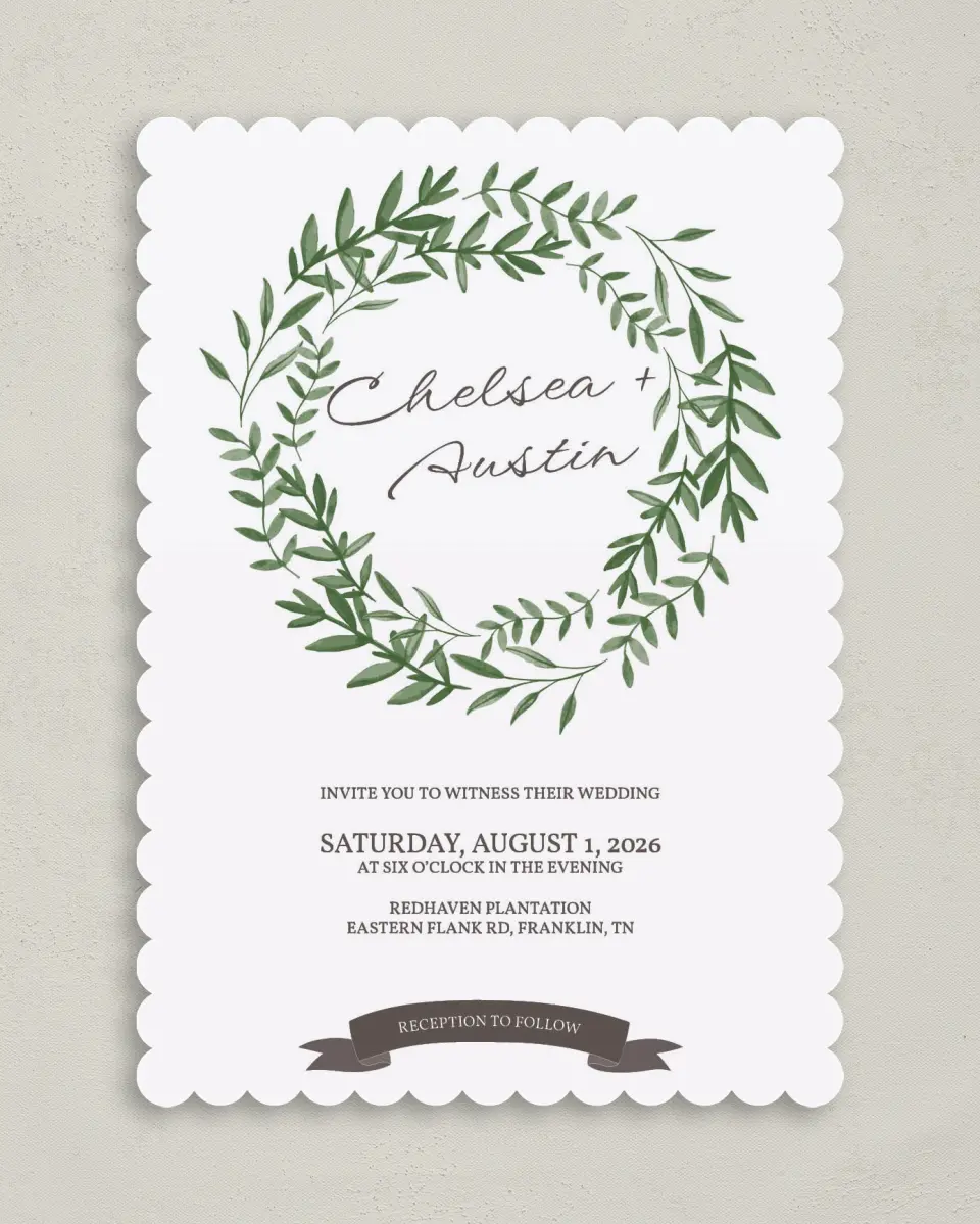 This is a 5" x 7" Classic Wedding Invitation called Watercolor Laurel printed in full color on Premium Smooth paper