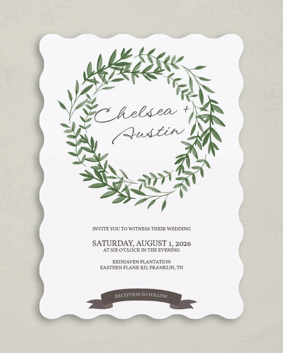 This is a 5" x 7" Wavy Wedding Invitation called Watercolor Laurel printed in full color on Premium Smooth paper