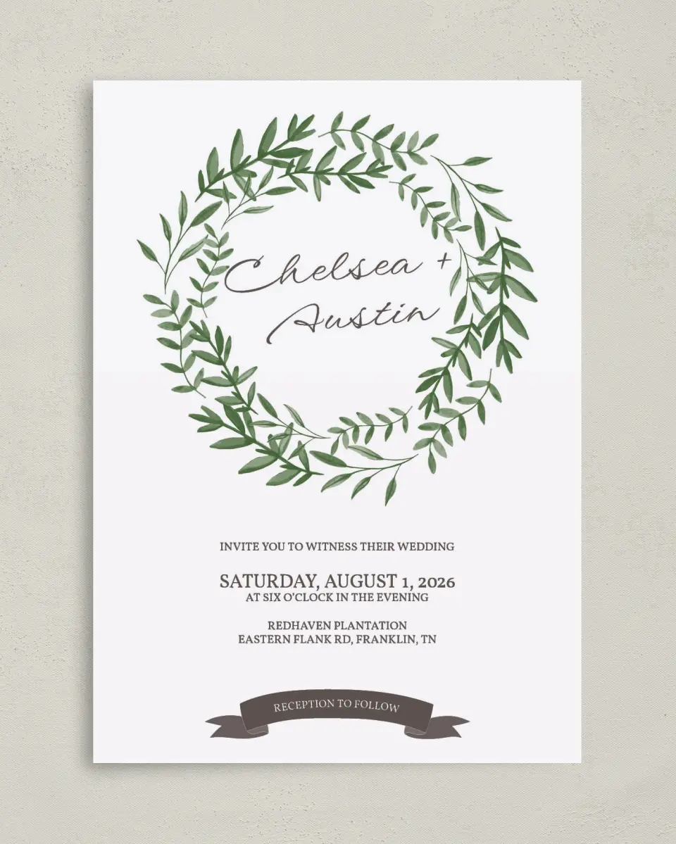 This is a 5" x 7" Classic Wedding Invitation called Watercolor Laurel printed in full color with Gold foil on Luxe Satin (coated) paper