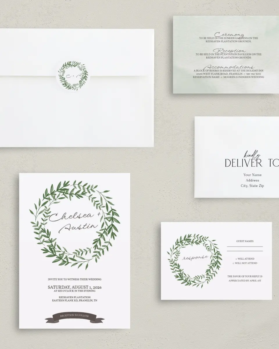 This is a 5" x 7" Classic Wedding Invitation called Watercolor Laurel printed in full color with Gold foil on Luxe Satin (coated) paper