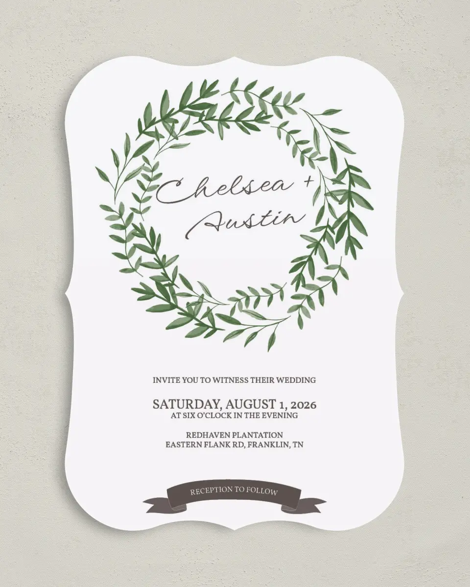 This is a 5" x 7" Bracket Wedding Invitation called Watercolor Laurel printed in full color with Silver foil on Luxe Satin (coated) paper