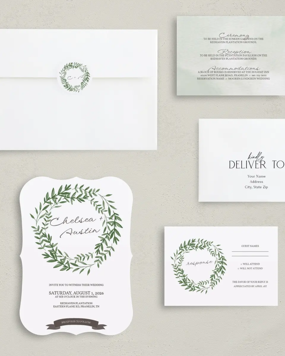 This is a 5" x 7" Bracket Wedding Invitation called Watercolor Laurel printed in full color with Silver foil on Luxe Satin (coated) paper