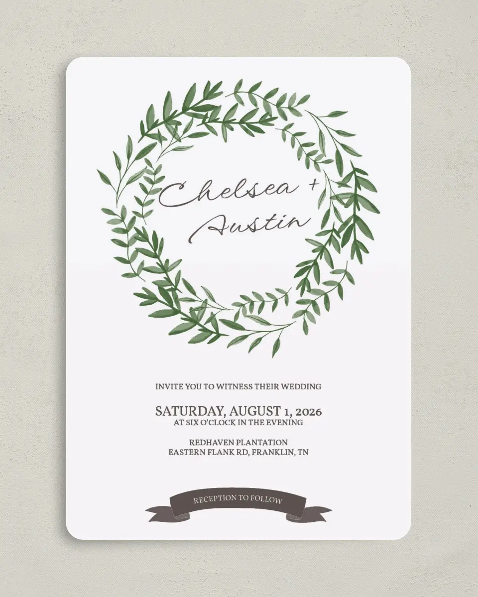 This is a 5" x 7" Rounded Wedding Invitation called Watercolor Laurel printed in full color on Premium Smooth paper