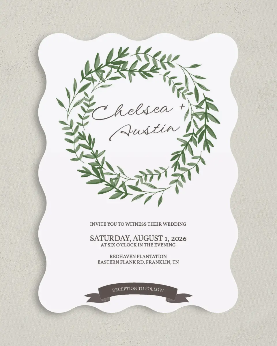 This is a 5" x 7" Wavy Wedding Invitation called Watercolor Laurel printed in full color on Premium Smooth paper
