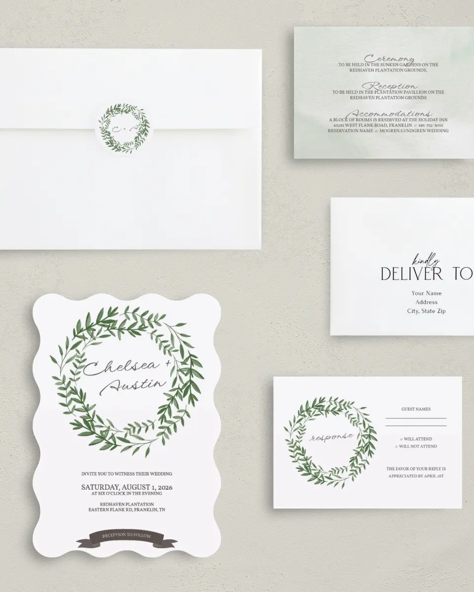 This is a 5" x 7" Wavy Wedding Invitation called Watercolor Laurel printed in full color with Silver foil on Luxe Satin (coated) paper