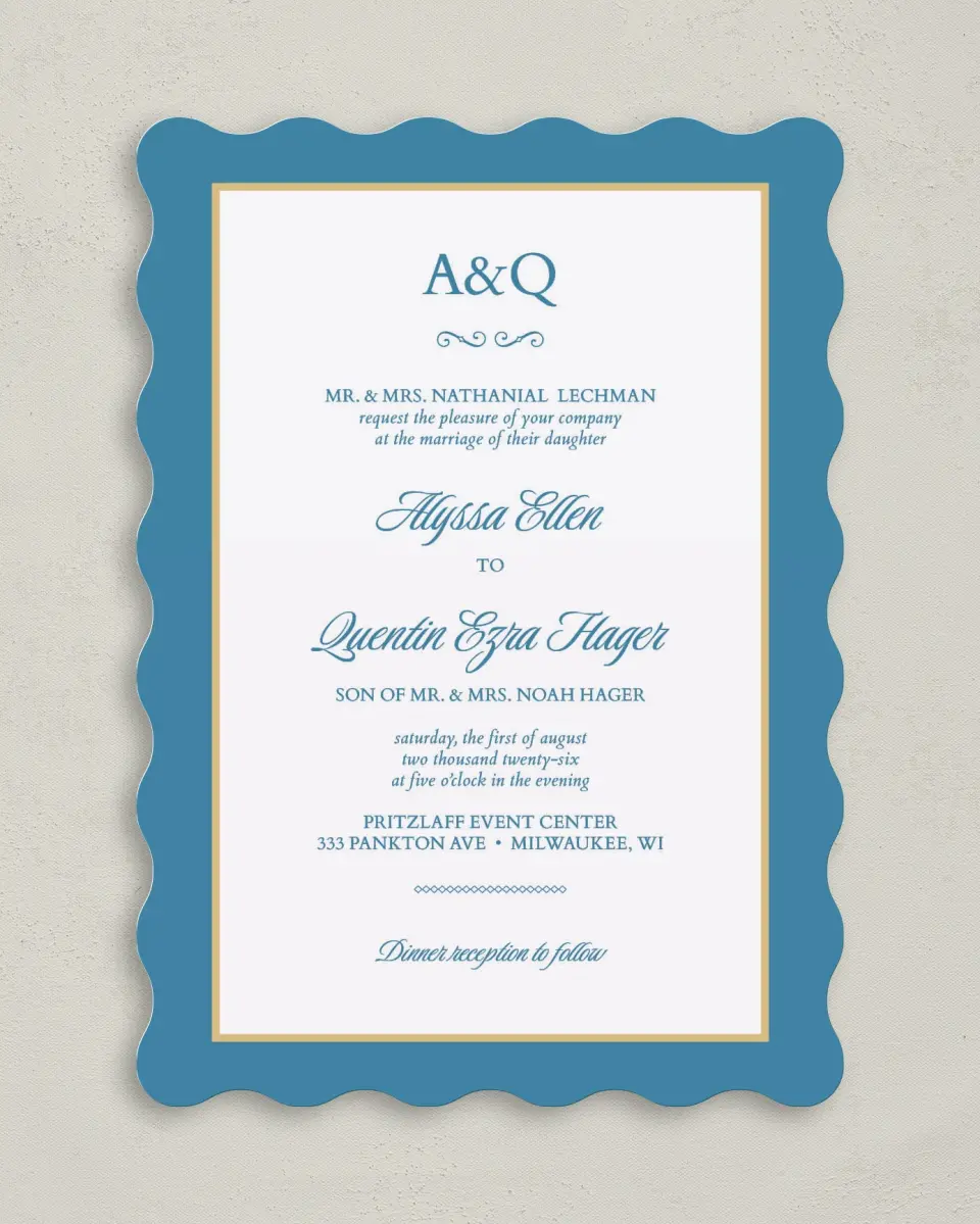 This is a 5" x 7" Wavy Wedding Invitation called Opulence printed in full color on Premium Smooth paper