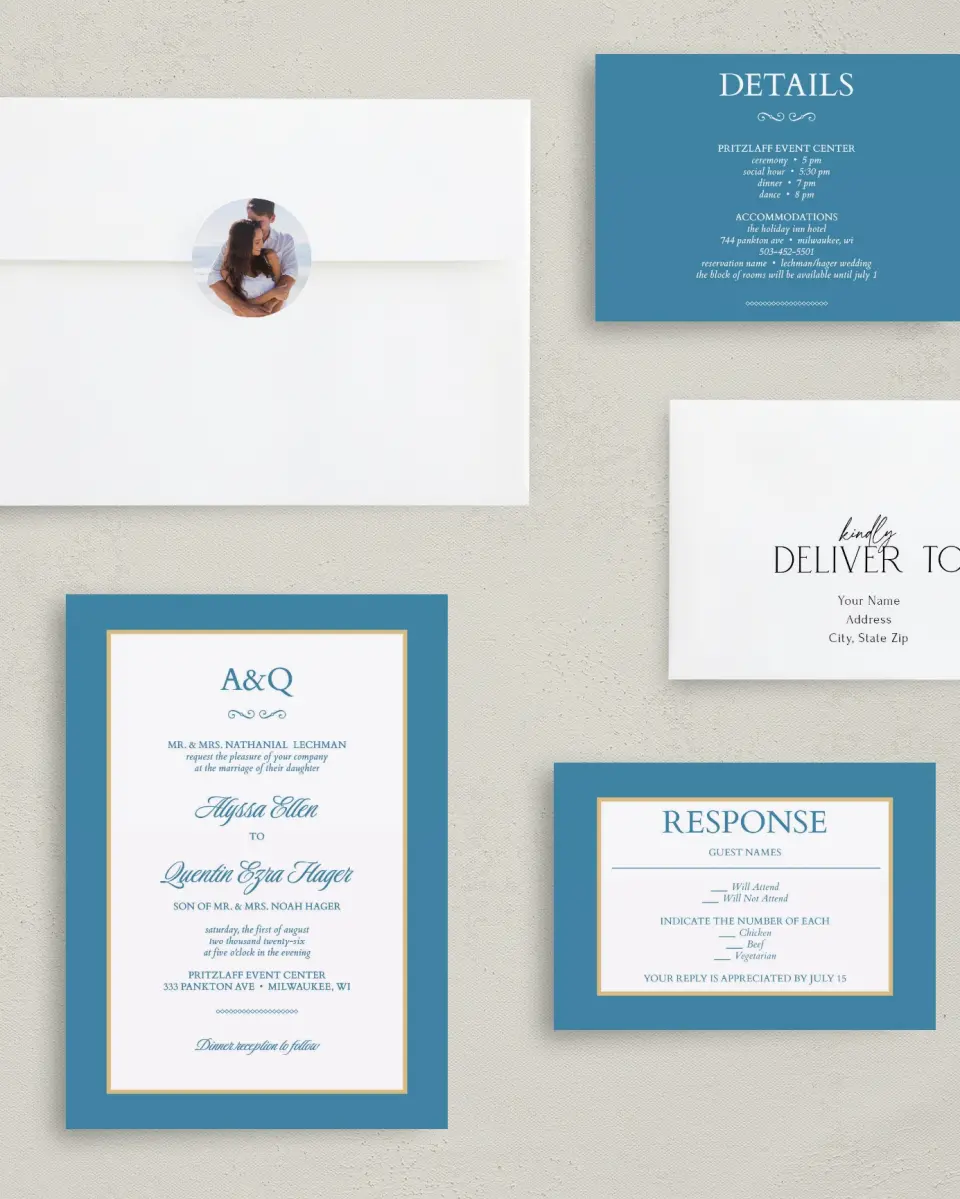 This is a 5" x 7" Classic Wedding Invitation called Opulence printed in full color with Rose Gold foil on Luxe Satin (coated) paper