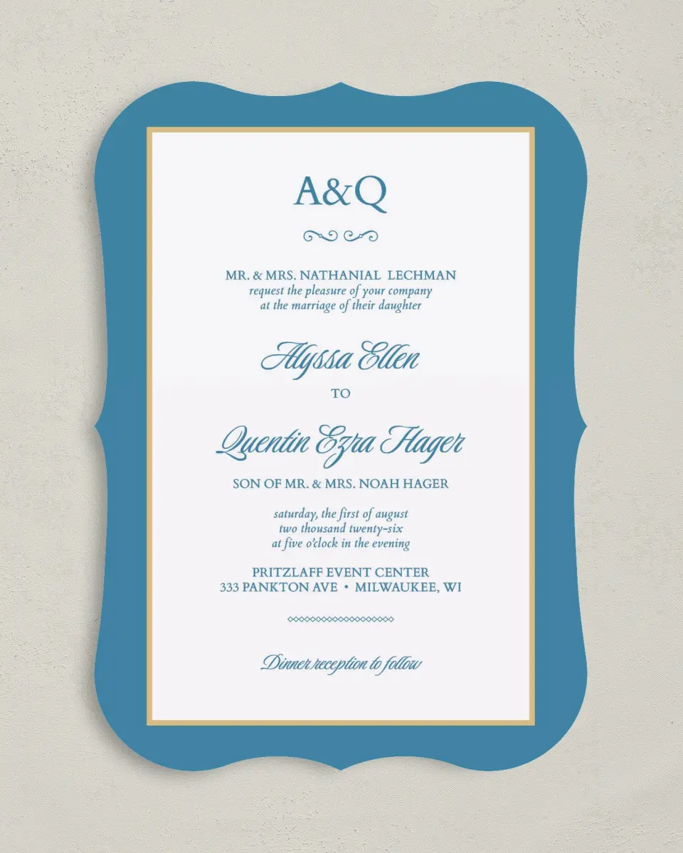 This is a 5" x 7" Bracket Wedding Invitation called Opulence printed in full color with Silver foil on Luxe Satin (coated) paper