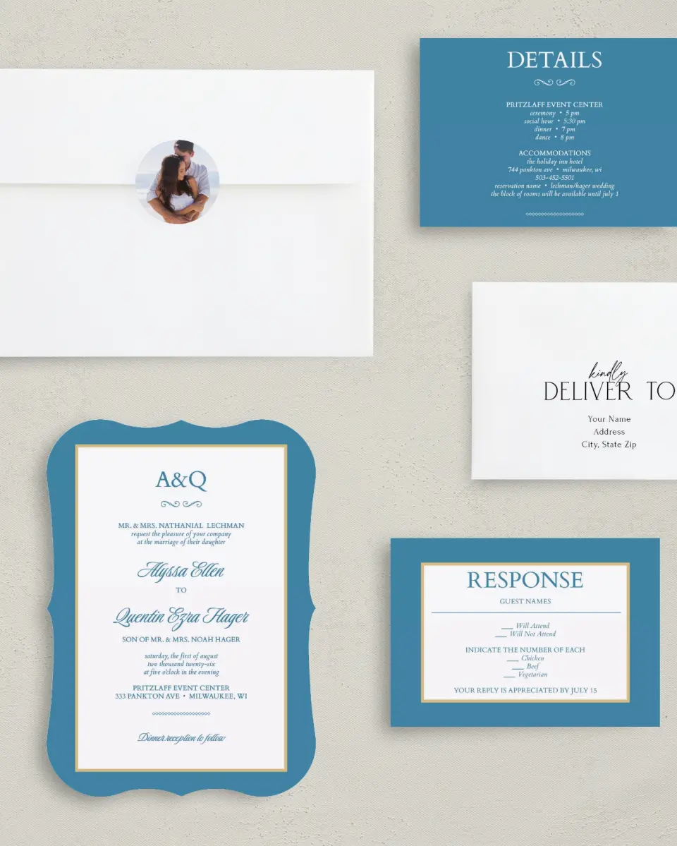 This is a 5" x 7" Bracket Wedding Invitation called Opulence printed in full color with Silver foil on Luxe Satin (coated) paper