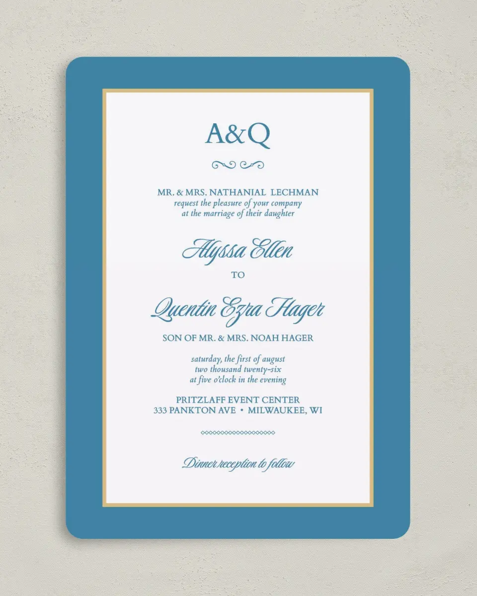 This is a 5" x 7" Rounded Wedding Invitation called Opulence printed in full color on Premium Smooth paper