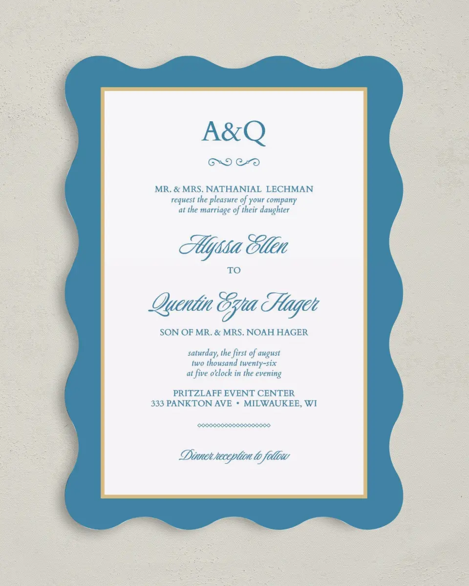 This is a 5" x 7" Wavy Wedding Invitation called Opulence printed in full color on Premium Smooth paper