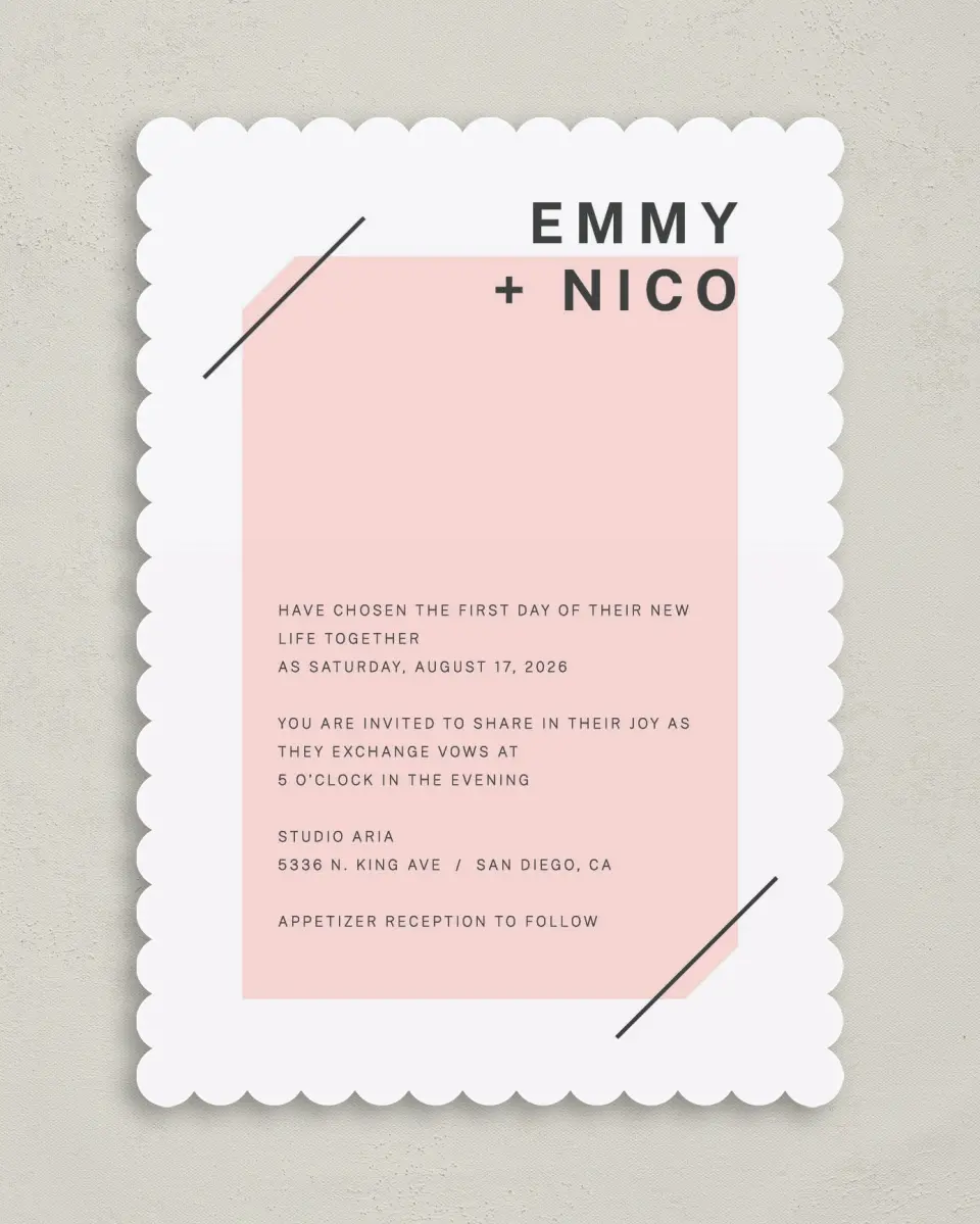 This is a 5" x 7" Classic Wedding Invitation called Minimal Mod printed in full color on Premium Smooth paper