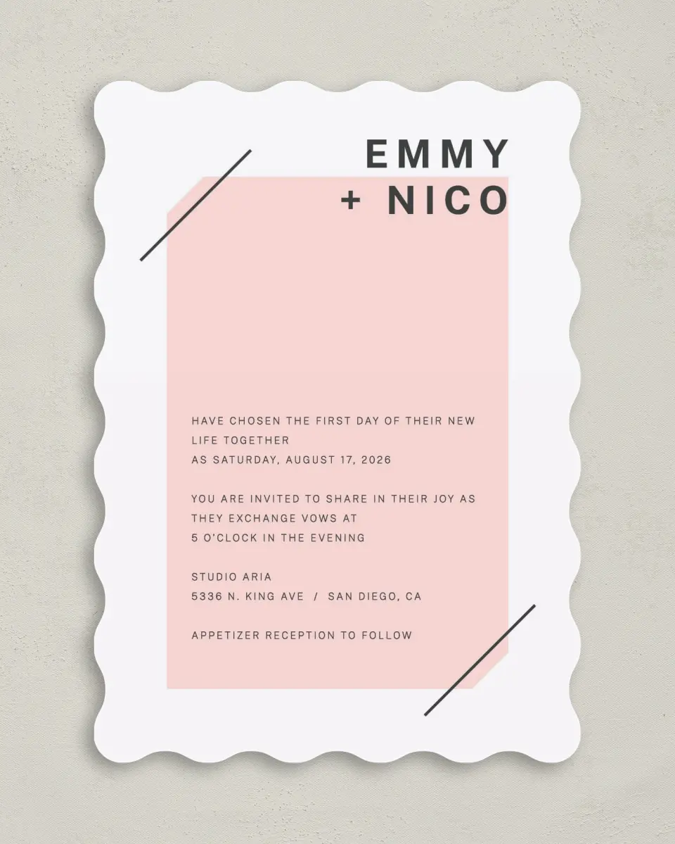 This is a 5" x 7" Wavy Wedding Invitation called Minimal Mod printed in full color on Premium Smooth paper