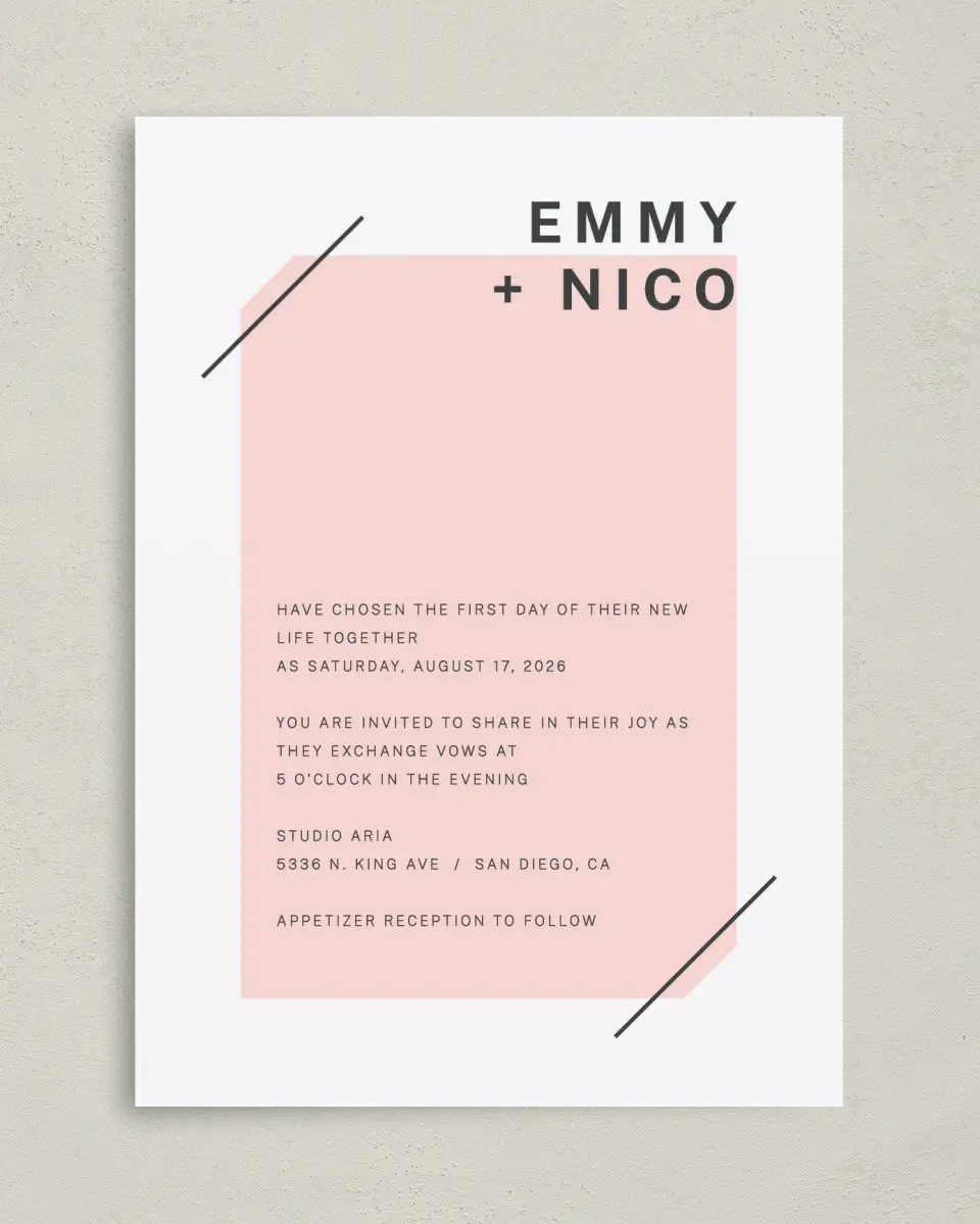 This is a 5" x 7" Classic Wedding Invitation called Minimal Mod printed in full color with Gold foil on Luxe Satin (coated) paper