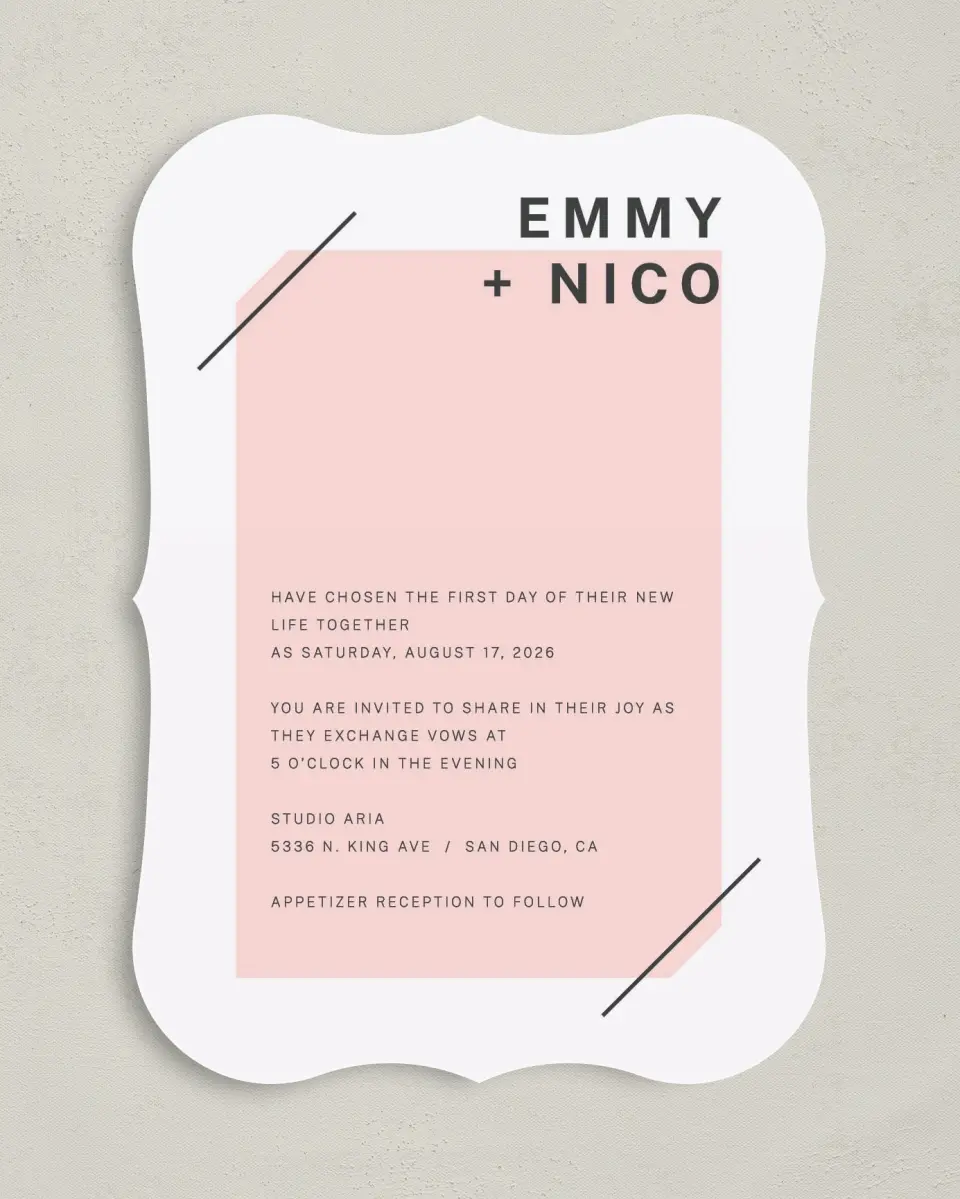 This is a 5" x 7" Bracket Wedding Invitation called Minimal Mod printed in full color with Silver foil on Luxe Satin (coated) paper
