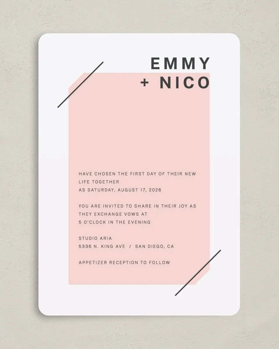 This is a 5" x 7" Rounded Wedding Invitation called Minimal Mod printed in full color on Premium Smooth paper