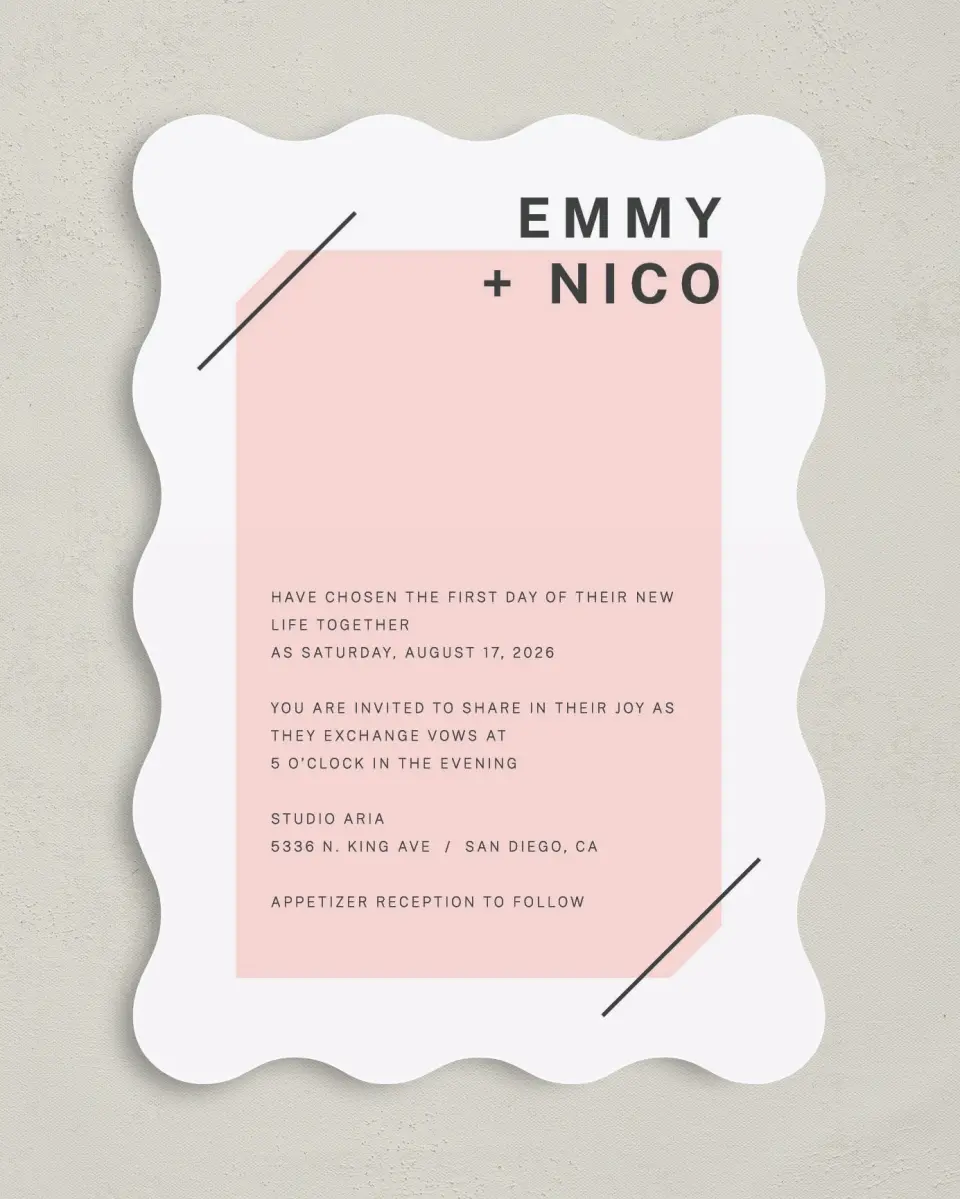 This is a 5" x 7" Wavy Wedding Invitation called Minimal Mod printed in full color on Premium Smooth paper