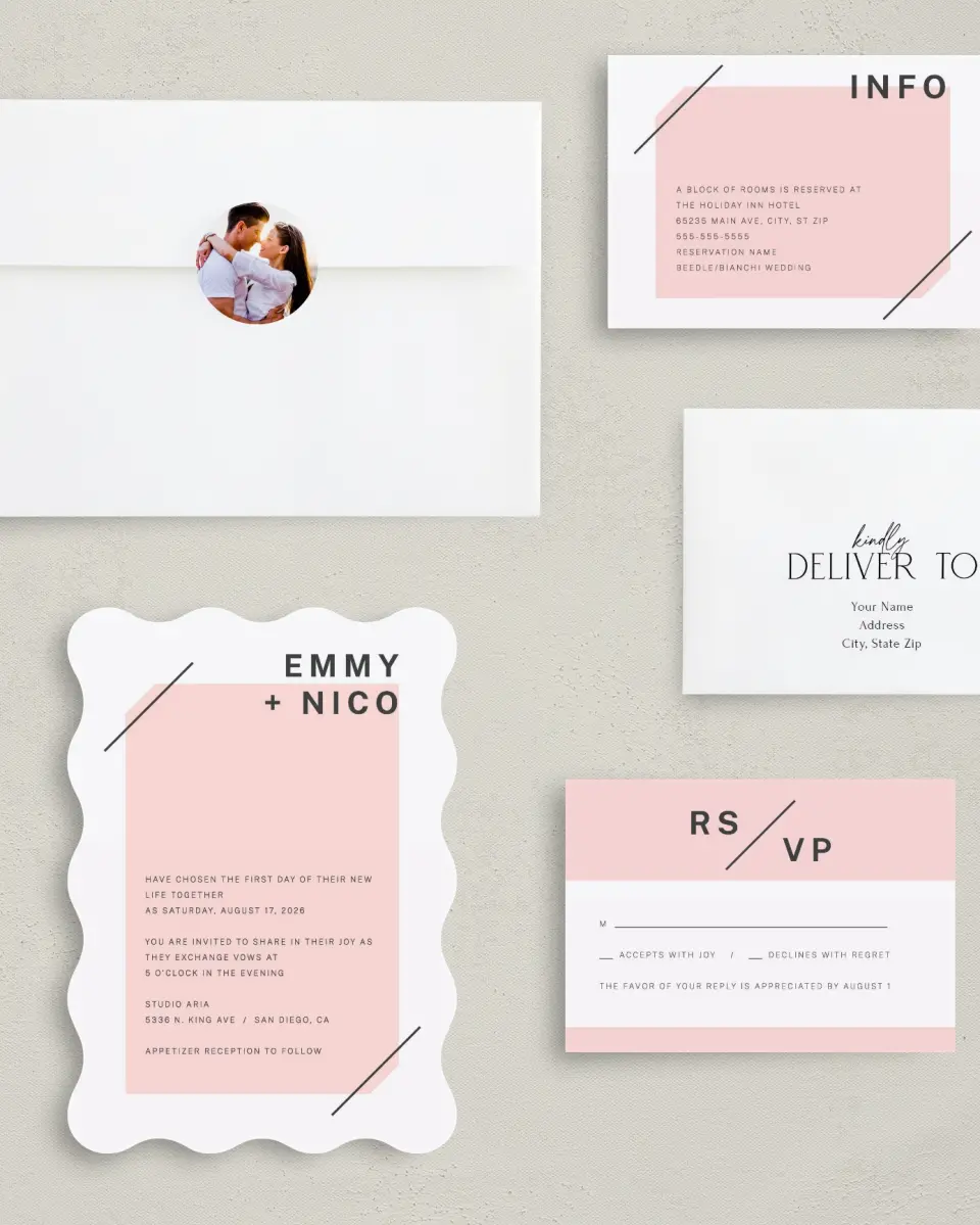 This is a 5" x 7" Wavy Wedding Invitation called Minimal Mod printed in full color with Gold foil on Luxe Satin (coated) paper