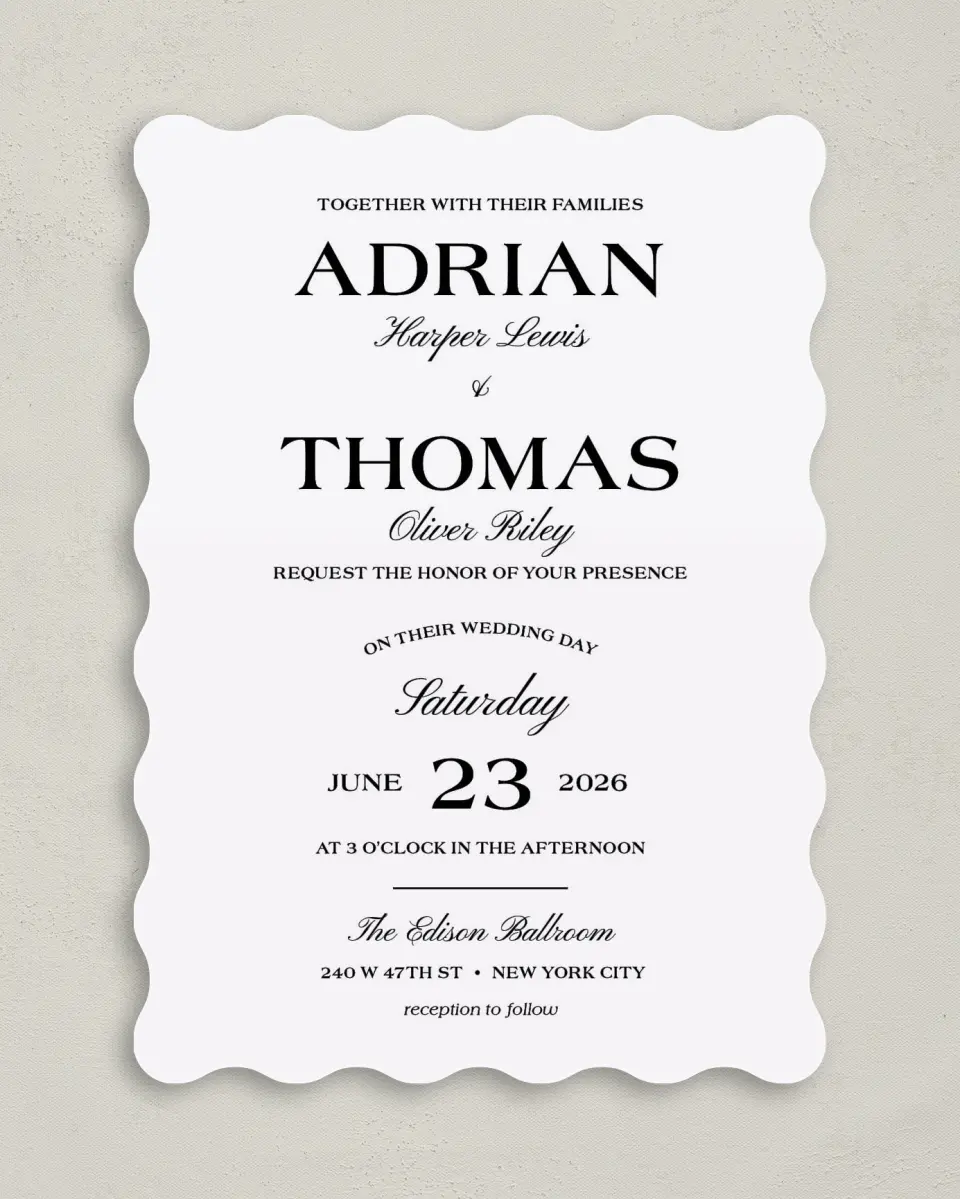 This is a 5" x 7" Wavy Wedding Invitation called Formal Statement printed in full color on Premium Smooth paper