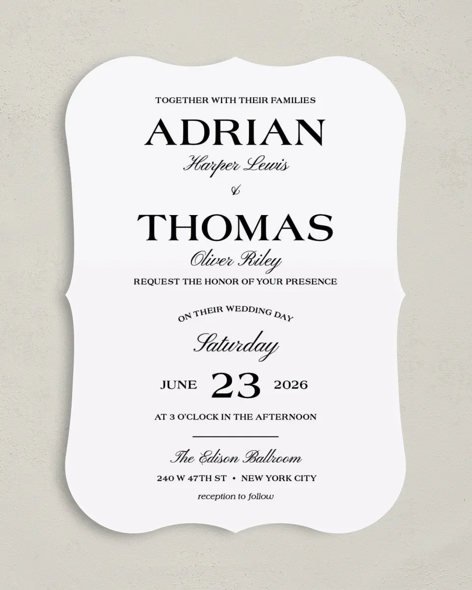 This is a 5" x 7" Bracket Wedding Invitation called Formal Statement printed in full color with Silver foil on Luxe Satin (coated) paper
