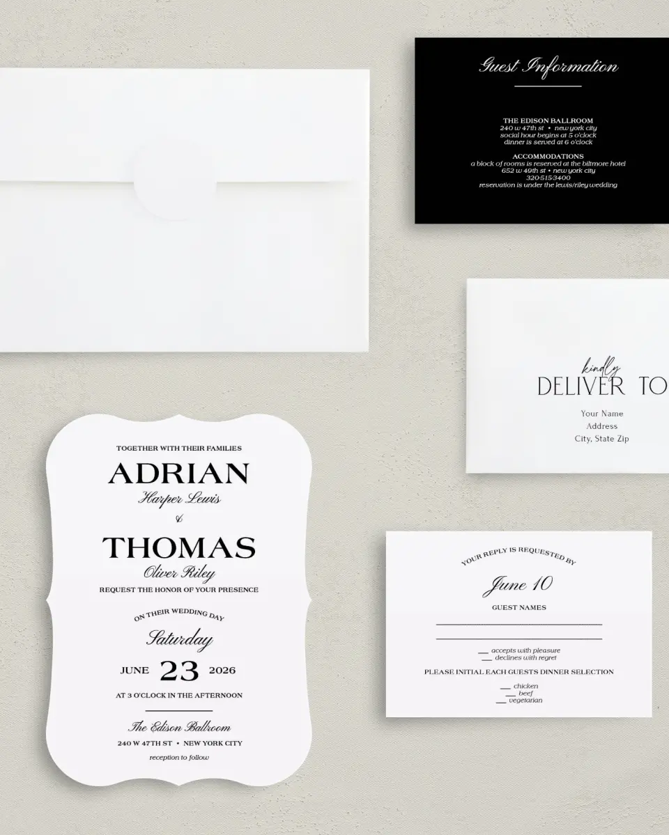 This is a 5" x 7" Bracket Wedding Invitation called Formal Statement printed in full color with Silver foil on Luxe Satin (coated) paper