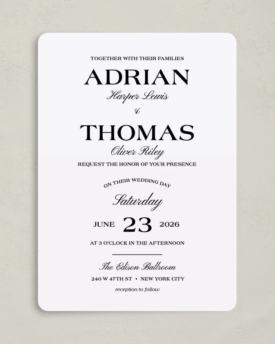 This is a 5" x 7" Rounded Wedding Invitation called Formal Statement printed in full color on Premium Smooth paper