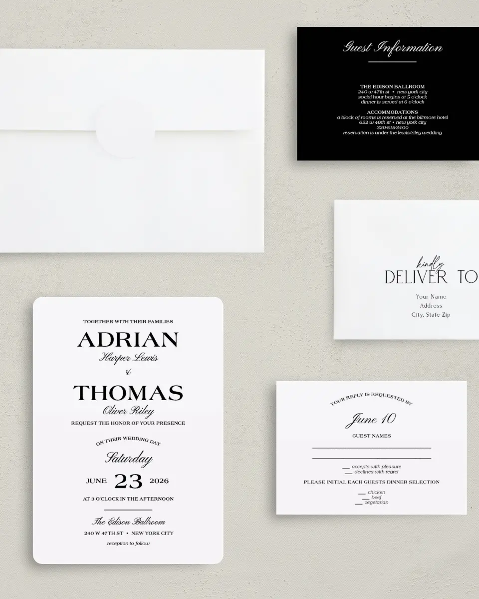 This is a 5" x 7" Rounded Wedding Invitation called Formal Statement printed in full color with Gold foil on Luxe Satin (coated) paper