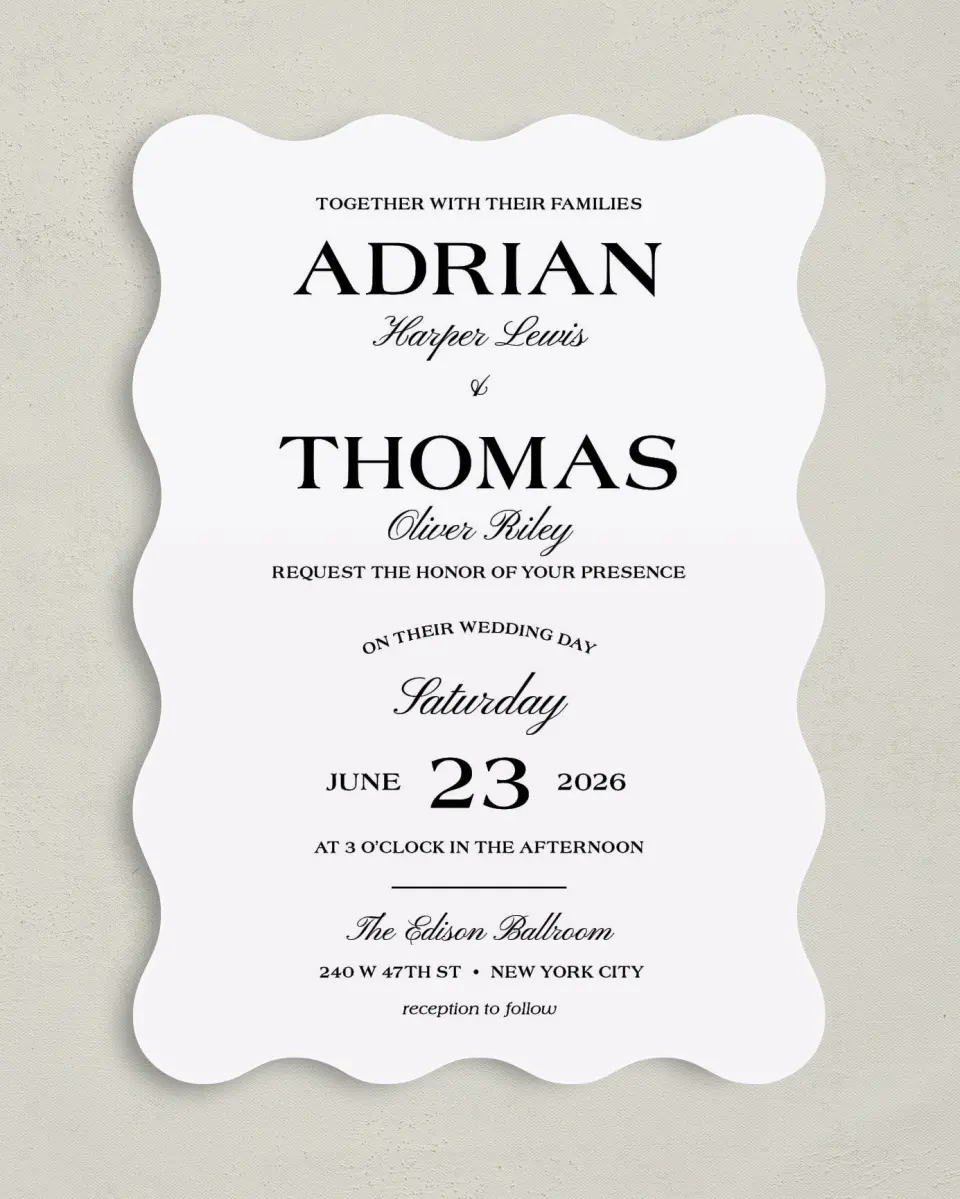 This is a 5" x 7" Wavy Wedding Invitation called Formal Statement printed in full color on Premium Smooth paper
