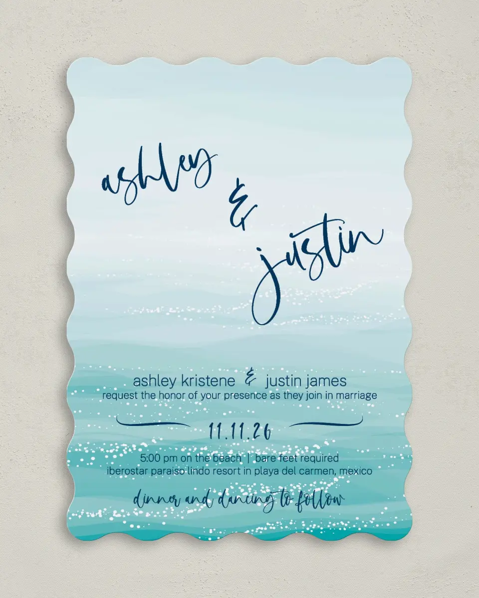 This is a 5" x 7" Wavy Wedding Invitation called Beyond the Shore printed in full color on Premium Smooth paper