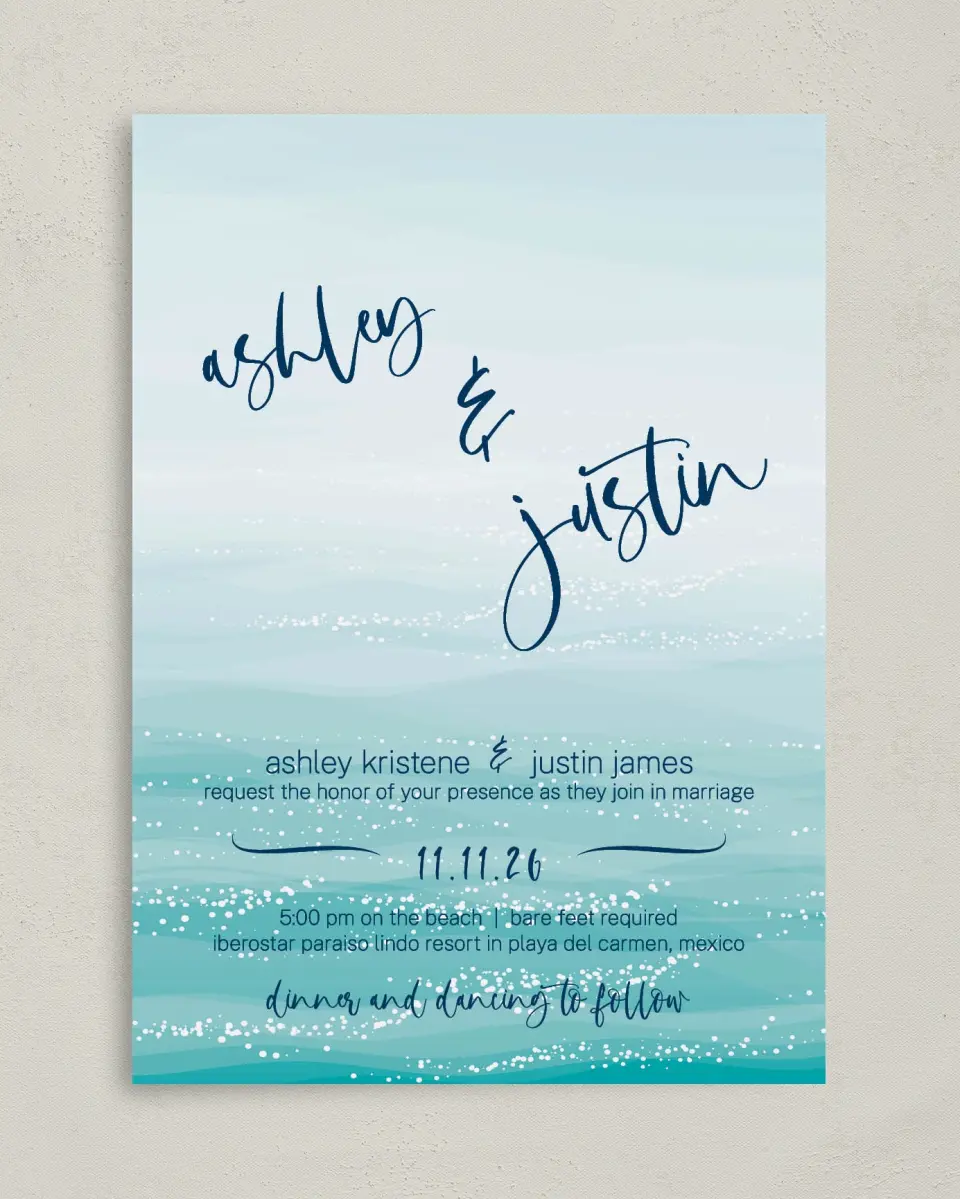 This is a 5" x 7" Classic Wedding Invitation called Beyond the Shore printed in full color on Premium Smooth paper