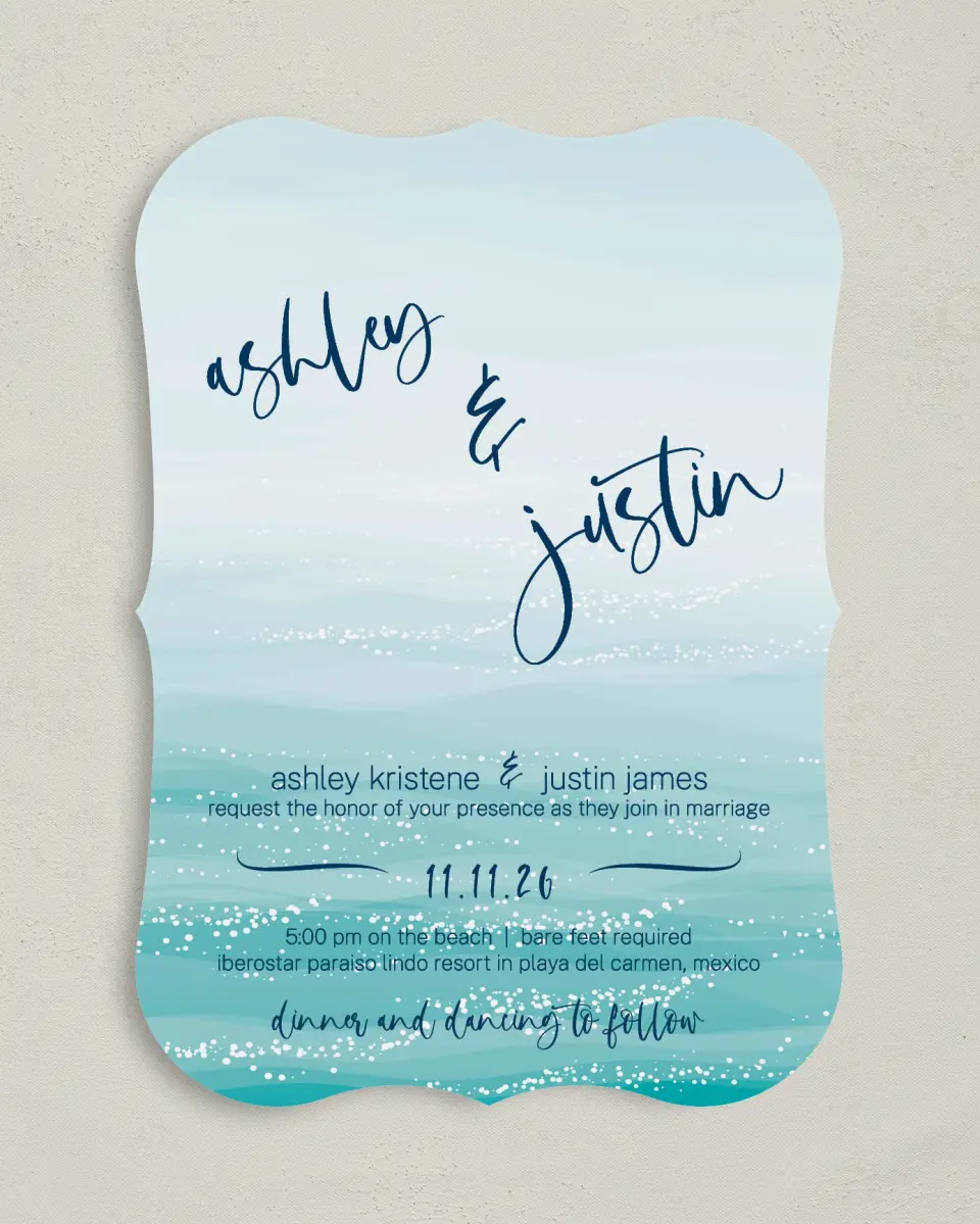 This is a 5" x 7" Bracket Wedding Invitation called Beyond the Shore printed in full color on Premium Smooth paper