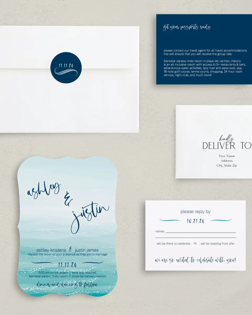 This is a 5" x 7" Bracket Wedding Invitation called Beyond the Shore printed in full color with Silver foil on Luxe Satin (coated) paper