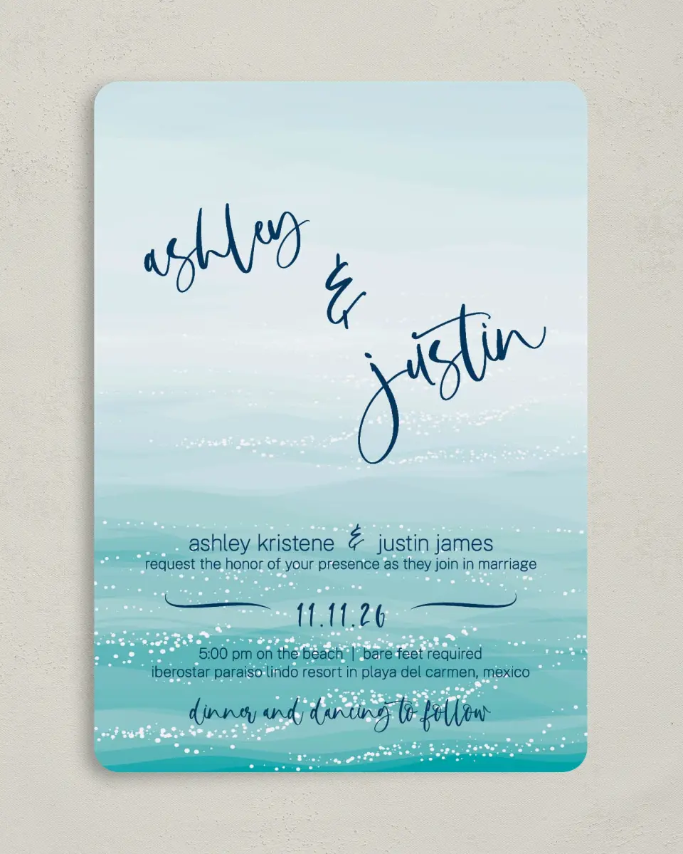This is a 5" x 7" Rounded Wedding Invitation called Beyond the Shore printed in full color on Premium Smooth paper